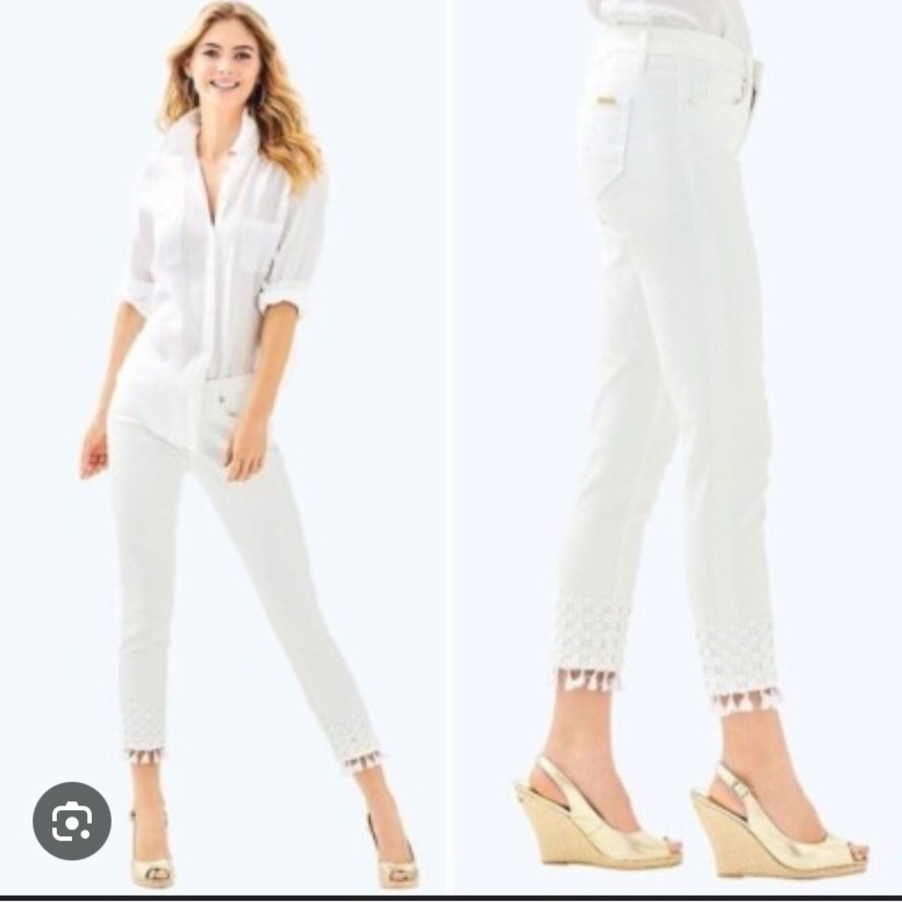 Women’s Lilly Pulitzer White Ocean Skinny Crop Jeans Fringe Hem Coastal Sz - 8